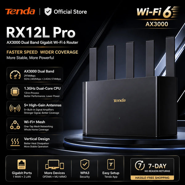 រ៉ោតទ័រ Tenda RX12L Pro AX3000 WiFi 6 រ៉ោតទ័រឥតខ្សែ Dual Band Gigabit 2976Mbps Mesh Router 1.3GHz Dual Core CPU 5 អង់តែន