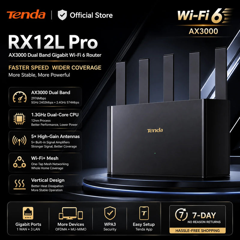 រ៉ោតទ័រ Tenda RX12L Pro AX3000 WiFi 6 រ៉ោតទ័រឥតខ្សែ Dual Band Gigabit 2976Mbps Mesh Router 1.3GHz Dual Core CPU 5 អង់តែន