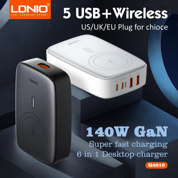 ឆ្នាំងសាកឥតខ្សែ LDNIO 140W 6 ក្នុង 1 ឆ្នាំងសាកឥតខ្សែ GaN 65W USB-C PD QC USB-A ស្ថានីយសាកថ្មលឿន ខ្សែបន្ថែមឆ្នាំងសាកកុំព្យូទ័រលើតុ 6 ក្នុង 1