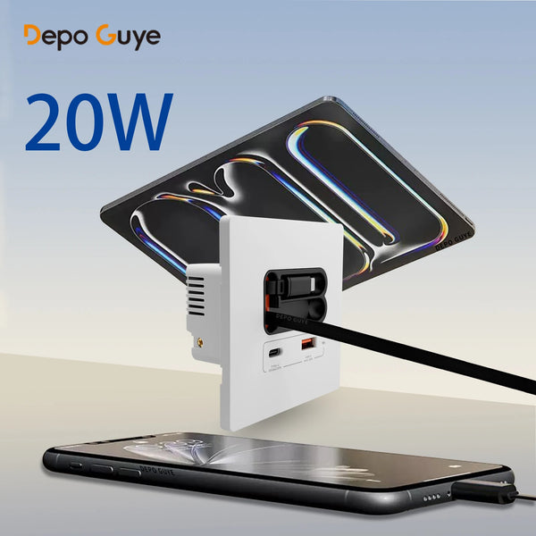 រន្ធដោតជញ្ជាំងឆ្លាតវៃ USB C 20W របស់ EU សម្រាប់សាកទូរសព្ទចល័ត រន្ធសាកលឿនប្រភេទ C ពីរ