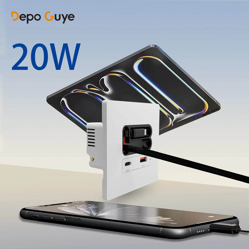 EU Universal 20W USB C Smart Wall Socket Panel Dual Type-C Fast Charge Ports Mobile Phone Charging Outlet