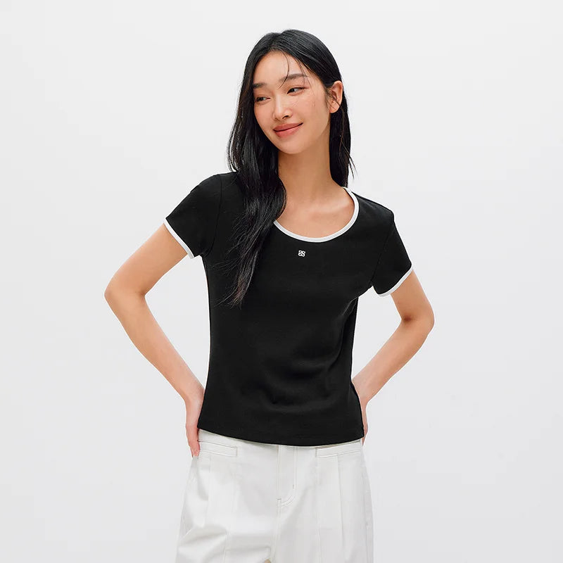 Semir Women Tshirt Cool Feeling Contrast U Neck Straight Shoulder Slim Embroidery Summer 2026 Casual Fashion Top