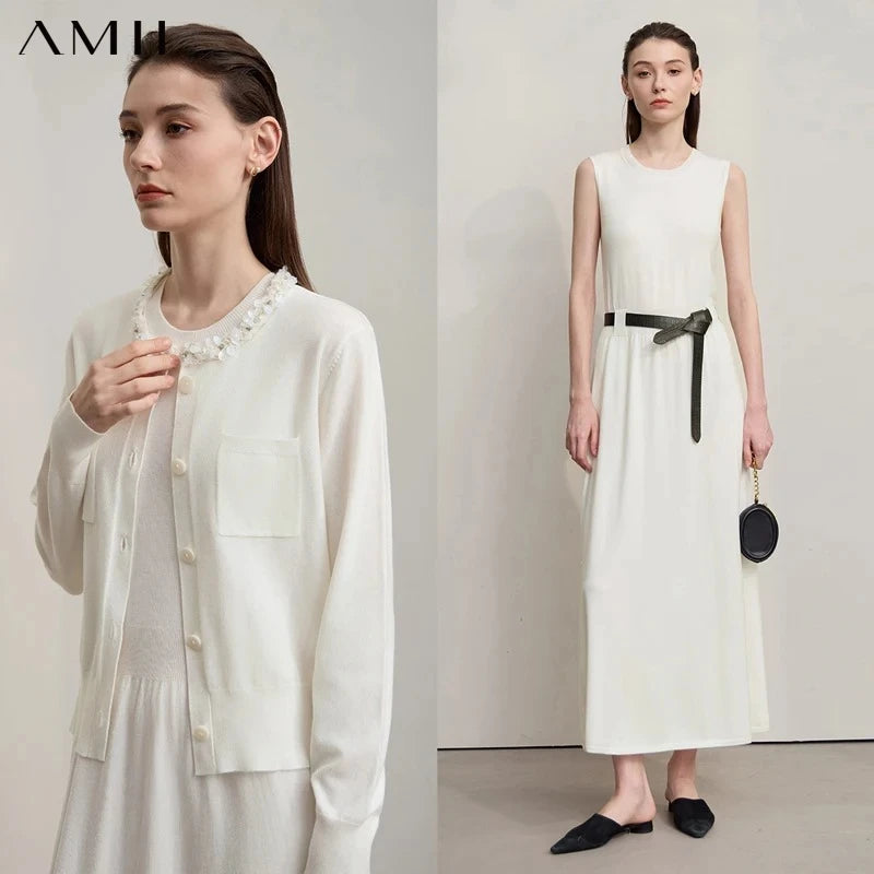 AMII Midi Dresses 2026 Autumn New Knitted Cardigan Sleeveless Long Dress Round Neck Solid Elegant Loose Ladies Clothing 12543209