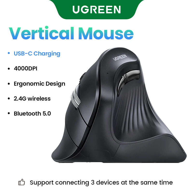 UGREEN Vertical Mouse Wireless Bluetooth5.0 2.4G Ergonomic 4000DPI 6 Mute Buttons for MacBook Tablet Laptops Computer PC Mice