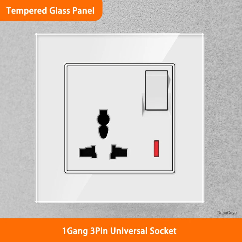 White Universal UK 13A Socket with USB Type-C 18W Fast Charging Wall Socket,Tempered Glass Button Light Switch,Dual 3pin Socket