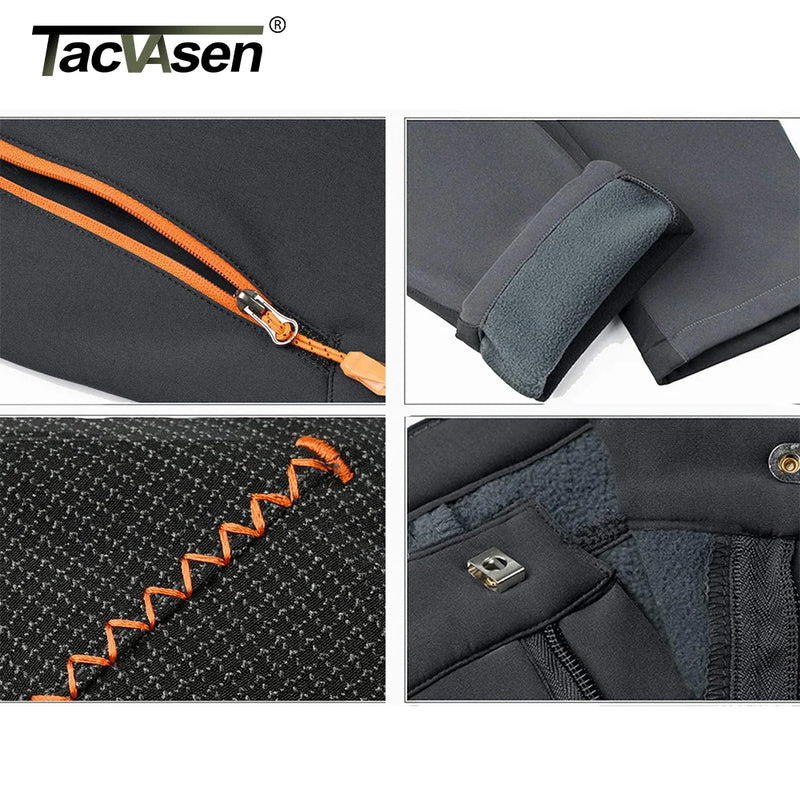 TACVASEN Winter Fleece Pants Mens Waterproof Camping Fishing Hiking Pants Zipper Pocket Reinforce Knee Casual Trousers Male
