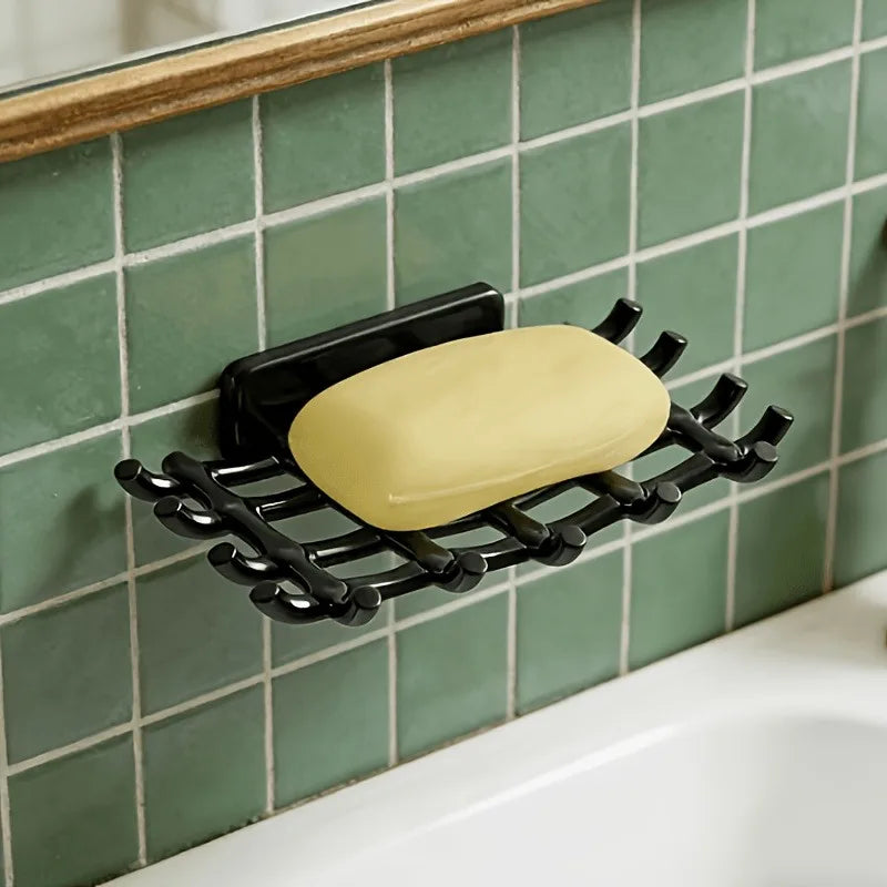 1pc Wall-Mounted Shower Soap Dish with Drainage, Black,White Square Holder.No Drilling Required,Hook for Soap and Accessories.