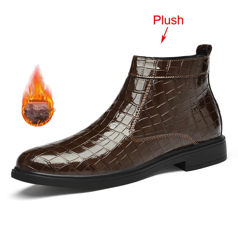 Autumn Winter Mens Patent Leather Boots Men Casual Brown Black Ankle Boots With Side Zipper Big Size 47 48