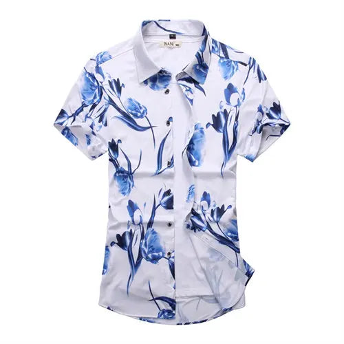 2026 Summer Men's White Short-Sleeved Printed Shirt, Blue Single-Breasted Lapel Shirts, Asian Sizes M-7XL.