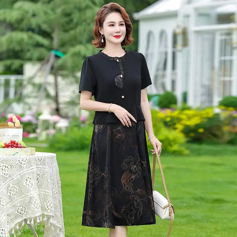 រ៉ូបពីរដុំក្លែងក្លាយ រ៉ូប Chiffon រ៉ូបនារីរដូវក្តៅ ម៉ូដស្លីម សូត្រ Satin ដេរដោយដៃខ្លី រ៉ូបម្តាយបោះពុម្ព A Line