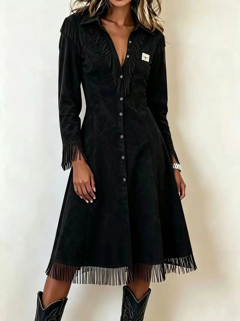 Women's Western-style Long-sleeved Trench Coat;A Figure-hugging Jacket with Fringe Details for Spring/Fall; Blue,Red,Black,Brown