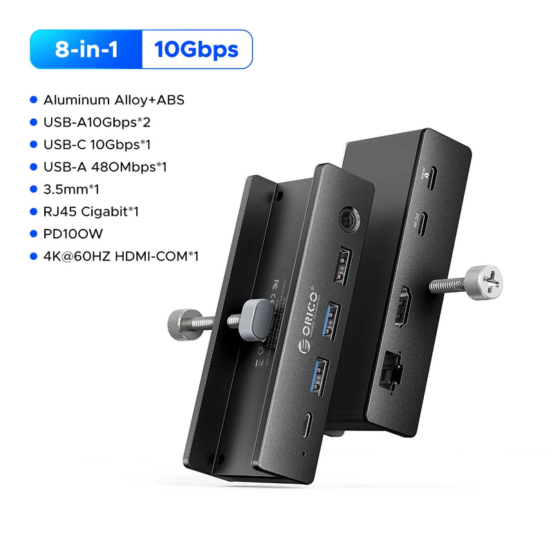ORICO Aluminum 8 in 1 USB Clip Hub With Power Supply Suitable for High Speed 10GBPS Data Transmission on MAC OS PC