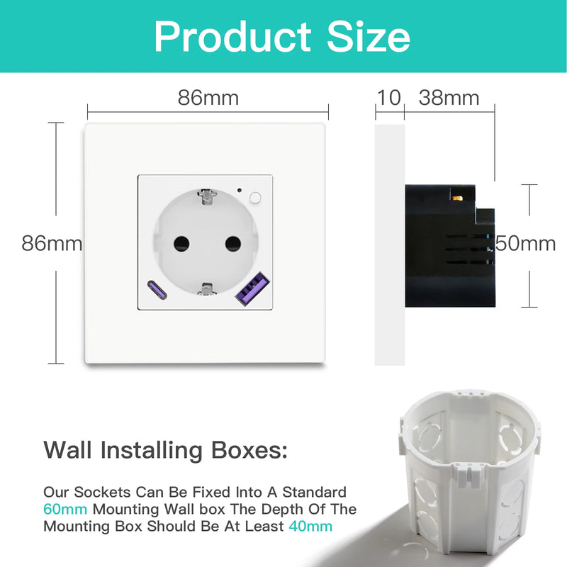 BSEED WIFI Smart Socket With 20W Fast Charge Port Plastic Frame Smart Wall Socket USB Type-C Port Tuya Smart Life Control