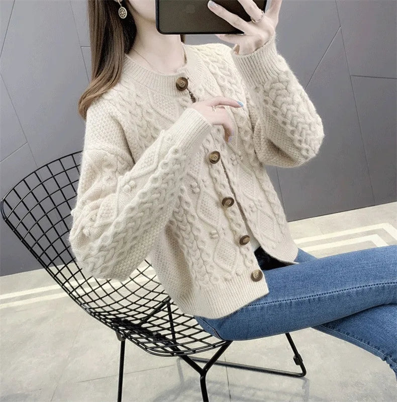 New Solid Color Twist Knitted Cardigan Women's Spring Autumn Short Ladies Sweater Coat Korean Elegant Long Sleeve Tops