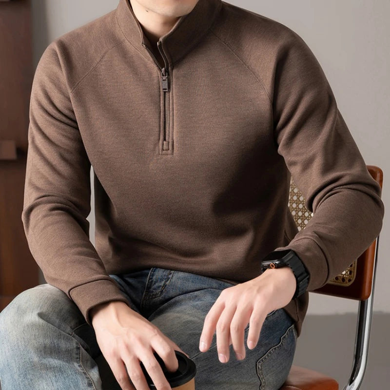 Old Money Style Men's Stand Collar Zip-Up Sweatshirt - Camel (Smoke Blue/ Brown/Gray)Long-sleeved Fleece Hoodie