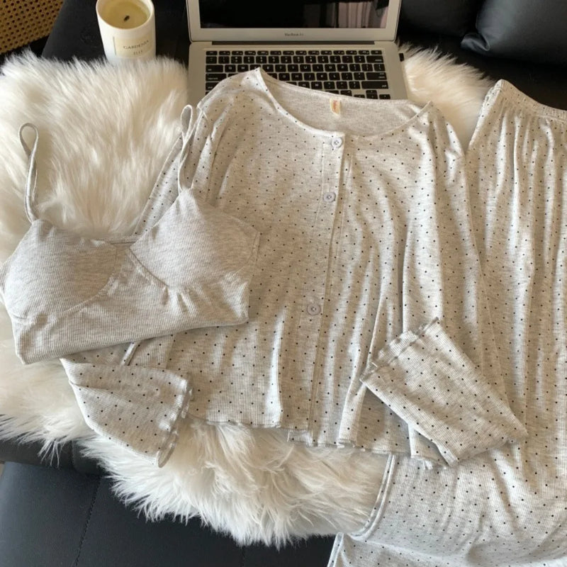 Women’s Loungewear Chest Pads Pajamas Nightwear for Woman Spring Autumn 3 Pieces Pyjama Female Clothing Comfort for Homewear