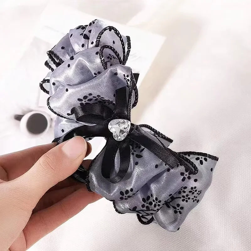 1/2pcs Women's Multi-Color Rhinestone Heart Embellishment Mesh Bow Hair Clip Double-Sided Bubble Grip Clip Fluffy Hair Claw