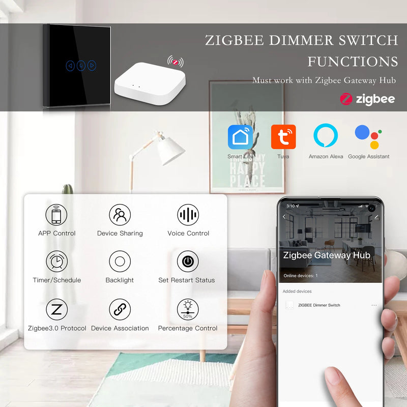 BSEED Zigbee Dimmer Light Switches 1Gang 1Way Wall Smart Dimmable Switch Support Tuya Smart Life Alexa Voice Control