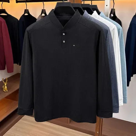 Mens Relaxed Mandarin Collar Shirt Long Sleeve Vertical Texture Embroidery Detail Casual Street Fashion Outer Top