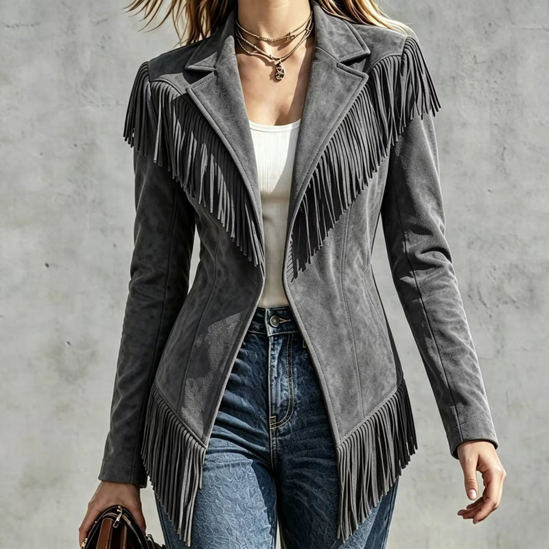 Lightweight Women's Long-sleeve Collared Jacket with Fringe Detailing; Available in Black, Red, Green, Khaki, Beige, Blue, Gray.