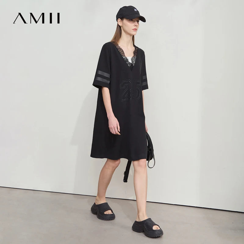 Amii Women Dress 2026 Minimalist Lace Patchwork V-Neck Loose Letter Number Print Medium Sleeves Straight Tube Dress 12542008