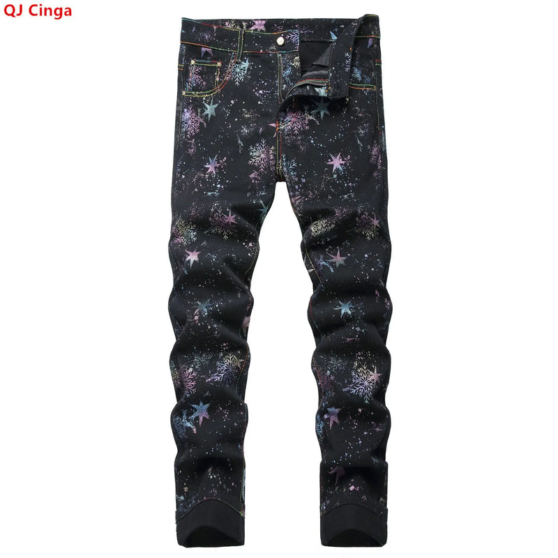 Men's Black Jeans for Spring and Fall, Checkered Print Pants, Stylish Casual Trousers, Asian Sizes 28–42.
