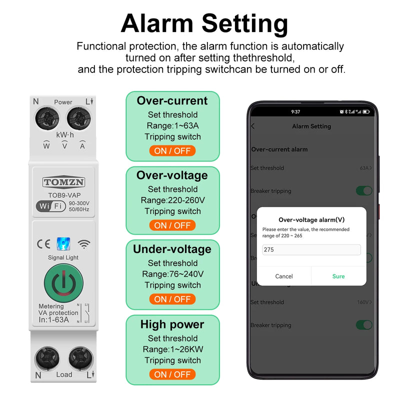TOMZN TOB9-63M 63A 1P+N WIFI Smart Switch Energy Meter kWh Metering Monitoring Circuit Breaker Timer Relay MCB TUYA Smartlife
