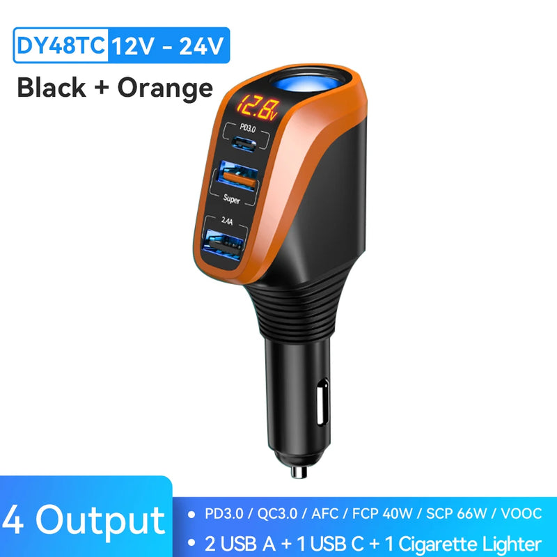 ឆ្នាំងសាករថយន្ត USB 100W សាកលឿន QC3.0 QC4.0 PD3.0 SCP 4 ក្នុង 1 សាកថ្មលឿនសម្រាប់រថយន្ត iPhone 12 13 Xiaomi Huawei Samsung