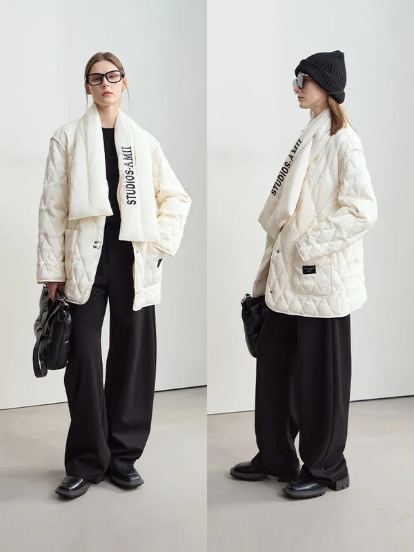 AMII Minimalist 2024 Winter New Women's Warm V-neck Solid Color with Letter Embroidered Scarf Rhombus Down Jacket 12444050
