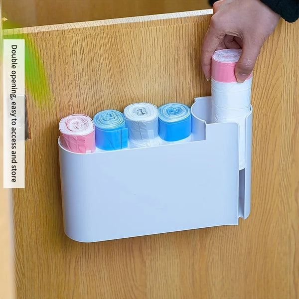 1pc Wall-Mounted Dual-Compartment Trash Bag Organizer - Plastic Kitchen Cabinet Door Storage Box,Space-Saving Design.