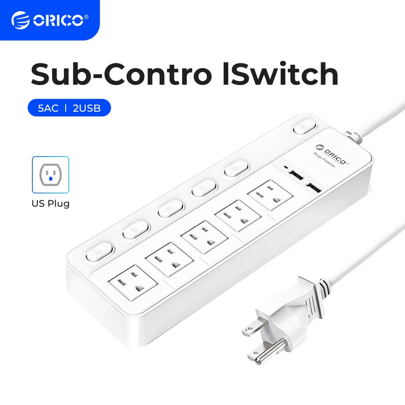 ORICO 5AC Outlets Power Strip US Plug 2 USB Charging Ports with Sub-control Switch Extension Corde Electrical Multiple Socket