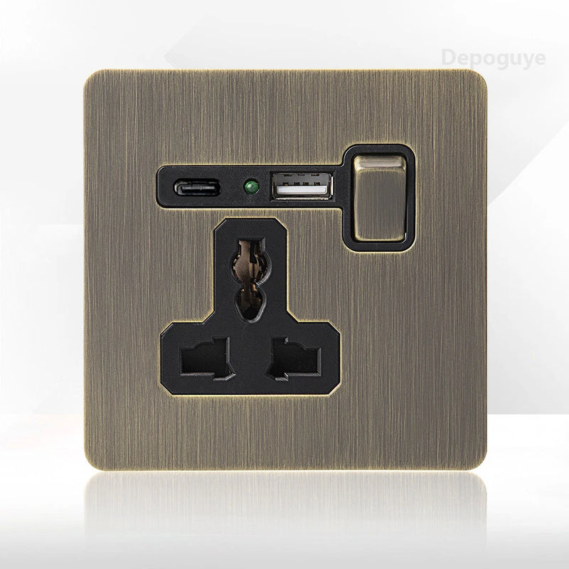 Retro Metal Brushed Antique Stainless Steel Push Button Switch Panel UK 13A Socket with USB Phone Charging for Home Improvement