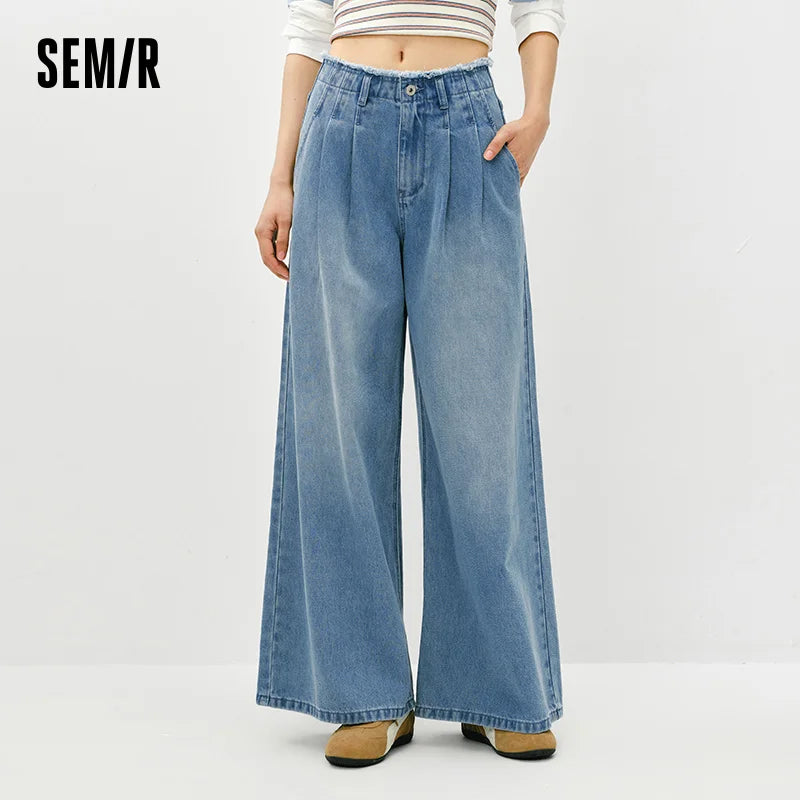 Semir Stylish Jeans Women 2026 Spring Raw Hem High Waist Wide Leg Floor Length Leg Lengthening Fashion Trousers