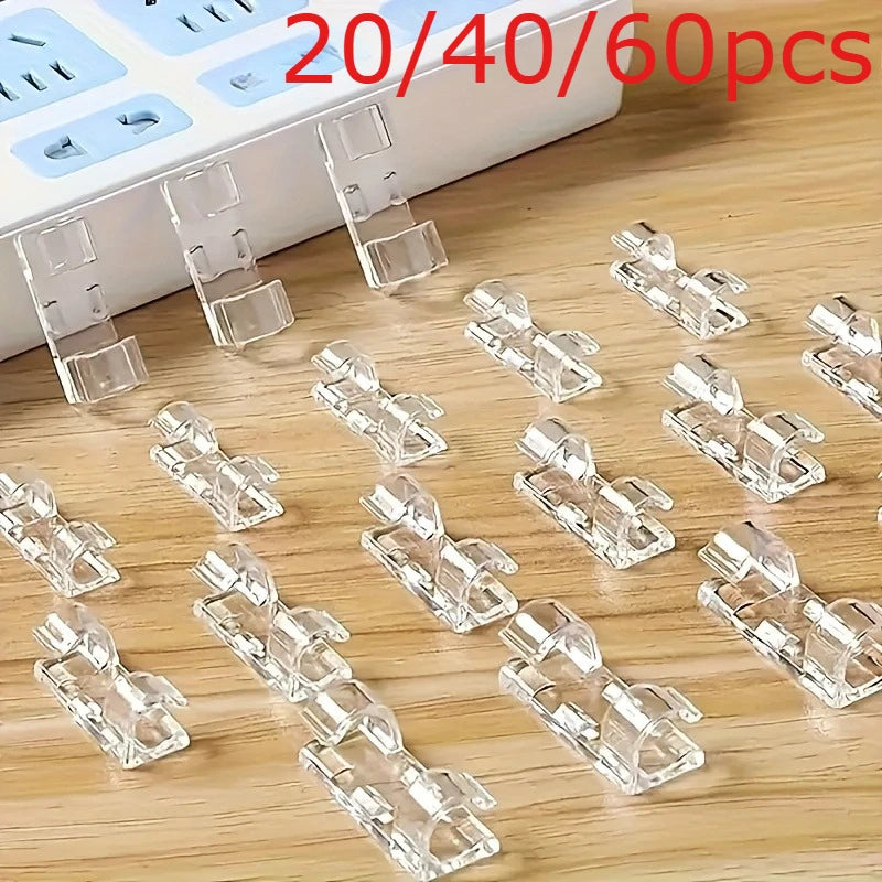 20/40/60pcs Transparent Plastic Cable Clips-Adhesive No Drill Wire Organizers for Power StripsWalls&Under DeskClear Cord Holders