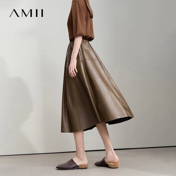 AMII Minimalist Woman Black Midi Skirt 2026 Autumn Vintage Loose Luxury Party PU Leather Skirts Casual A Line Skirts 12543028