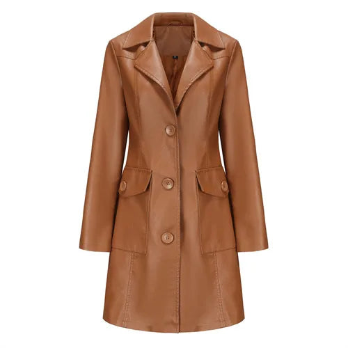 Women's Red Long Waist Lace-up Leather Jacket,2026 New Black Lapel PU Windbreaker Jacket Fashion Female Single-breasted Overcoat