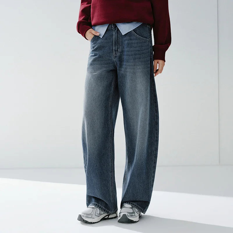 Semir Vintage Jeans Women 2026 Spring Distressed Loose Curved Blade Lyocell Blend Casual Retro Long Trousers