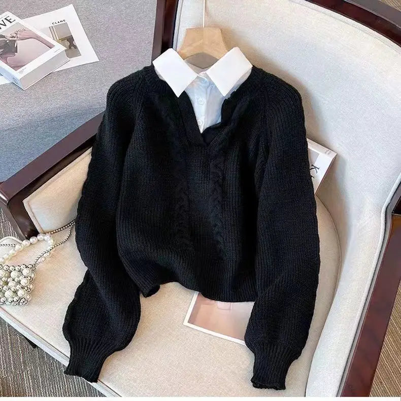 Autumn Winter Splicing Women's Outer Wear Lapel Top Knitted Sweater Fake Two Pieces Pullover Jumper Ladies Bottoming Shirt