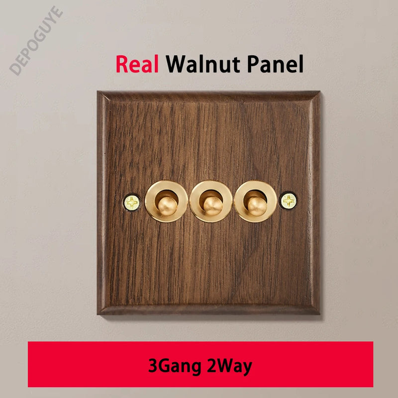 Black Retro Walnut Wall Toggle Switch Panel 1-4Gang 2Way Solid Wood Double EU/FR Socket Universal Usb C Electrical Power Outlet
