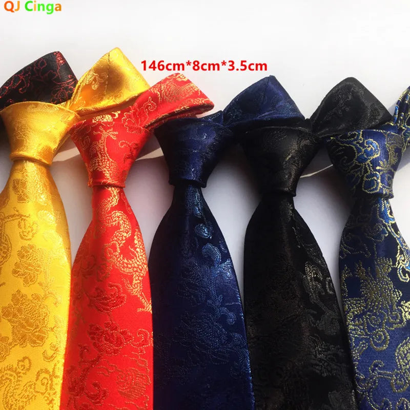 Men's Red Tie with A Chinese-style Design, Featuring A Jacquard Pattern of A Chinese Dragon; Available in Multiple Colors.