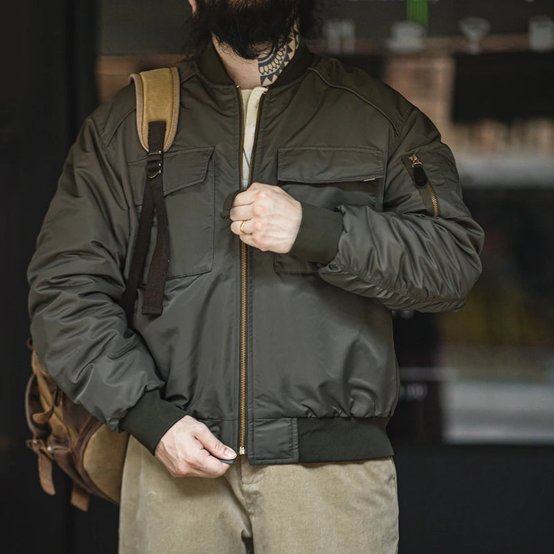 Maden Baseball Collar MA1 Bomber Jacket for Men Classical Orange Lining Double-pocket Coats Thickened Fall and Winter Jacket