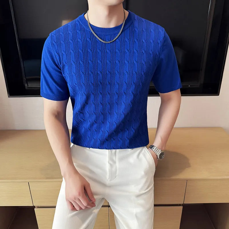Men's Summer Slim Fit Knitted Polo Shirt - Mature Style Short Sleeve Grid Pattern Business Casual Top with Contrast Collar