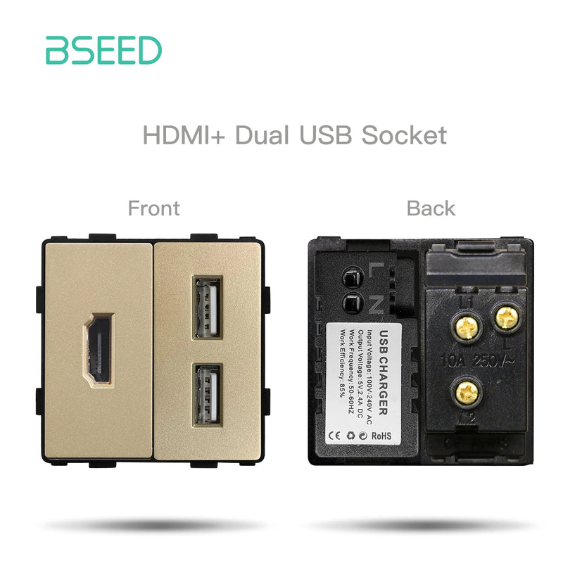 BSEED DIY Modules EU Plastic Panel Gold Double USB Socket Internet CAT5 RJ45 ST TV Power Socket Wall-Mounted Free Combination