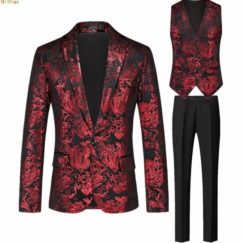 2026 Spring New Men's Three-Piece Suit: Gold-Print Decorated Jacket and Vest Paired with Black Trousers, Asian Fit Slim Cut.