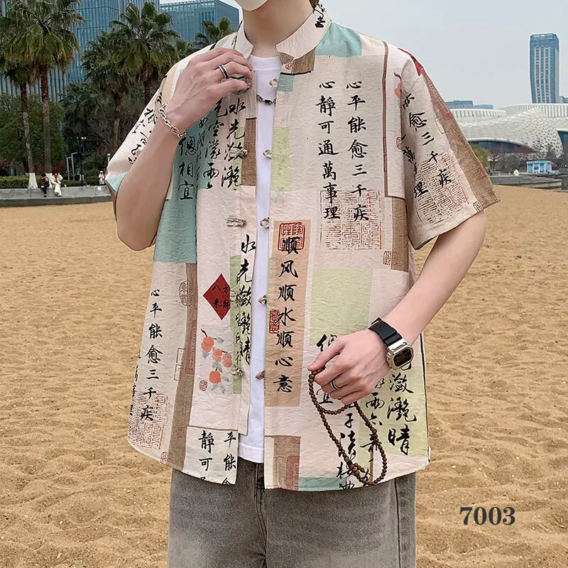 2026 Chinese Style Men's Short Sleeve Shirt with Chinese Characters Decorations and Asian Size Single Button Beach Casual Top