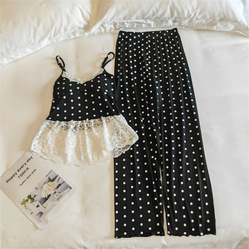 Thin Women's Pajamas Chest Pad Sleeveless Tops and Long Pants Sleepwear 2 Piece Home Clothes Comfortable Loungewear Pijama Suit