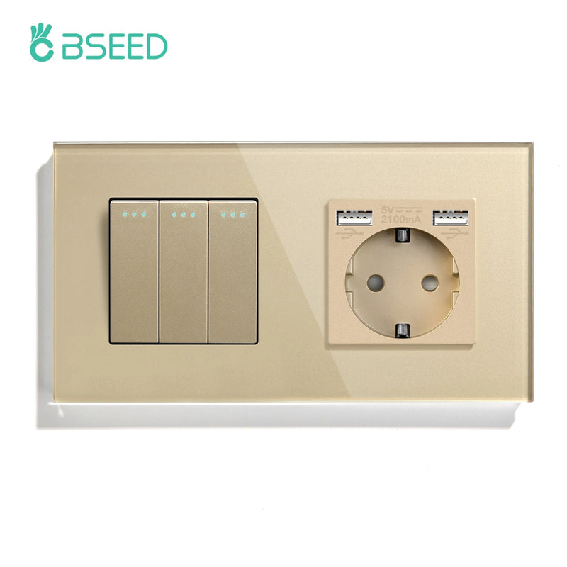 BSEED Mechanical Wall Button Switch 1/2/3Gang 1Way Wall Power Socket Glass Frame USB Type-C Charge Port Home Improvement