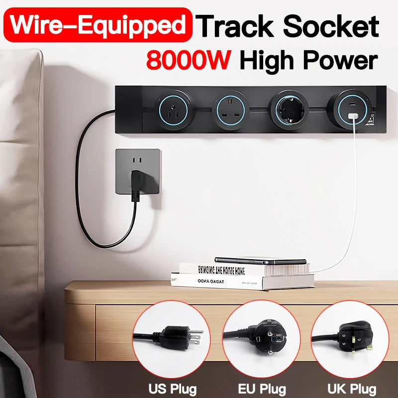 Multistandard Wall Power Track (40cm 50cm), USB-C Enabled Electric Sockets Plugs Adapters Grey Black for Office Use
