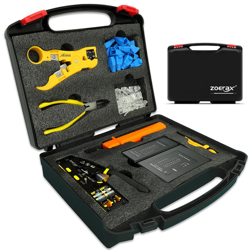 ZOERAX Professional Network Tool Kit, 8 in 1 RJ45 Crimp Tool Kit - Pass Through Crimper, RJ45 Tester, Punch Down Tool, Stripper Network Tool Kit