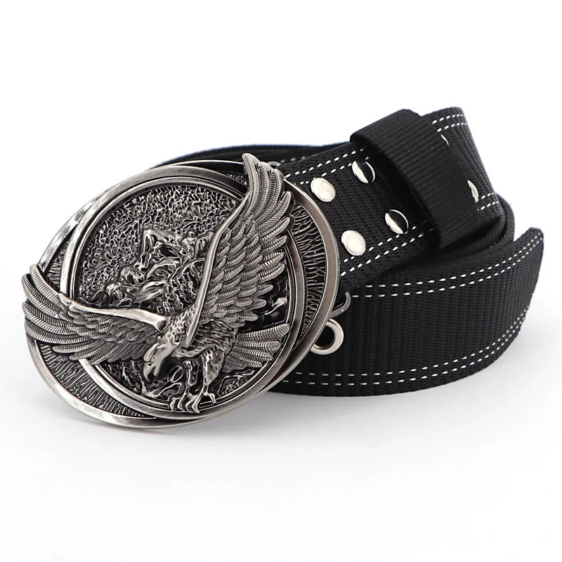 2026 Buckle Engraved with Eagle Nylon Belt Men's Outdoor Tactical Belts Pin Buckle Versatile Jeans Canvas Cinturon Men Waistband